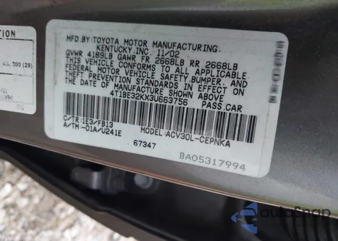 2003 Toyota Camry Le z USA, uszkodzony, nr VIN 4T1BE32KX3U663756